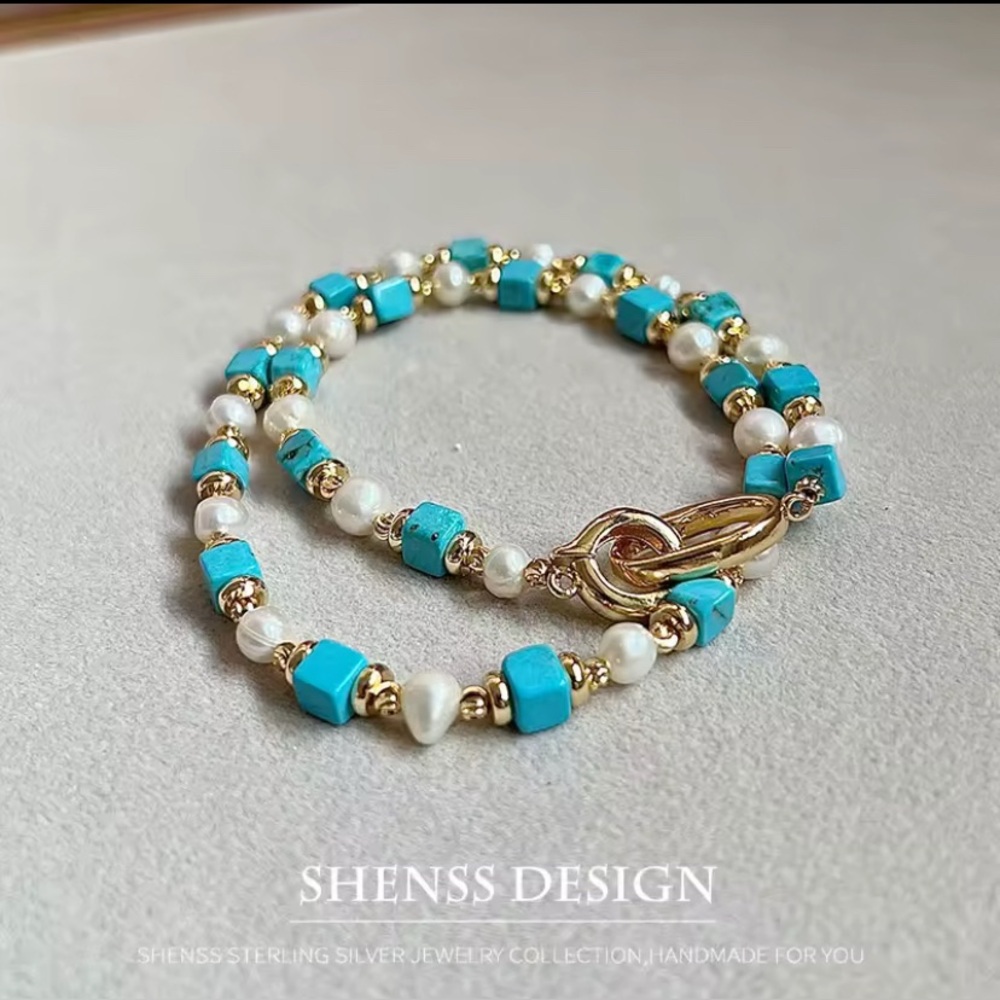 Natural Turquoise & Freshwater Pearl Gemstone Beaded Necklace 14K Gold Filled